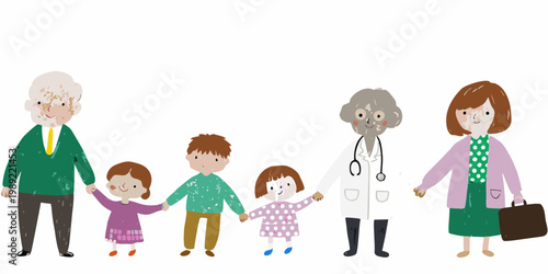 A diverse family and a doctor holding hands in a line
