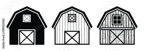 Three Stylized Barn Silhouettes with Different Textures and Details