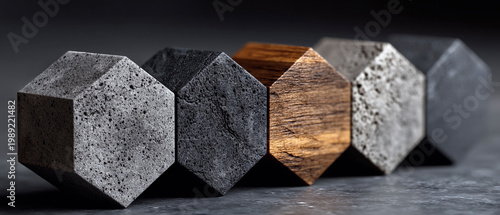 Abstract composition of hexagonal stone and wood elements in a row with dark background and copy space.