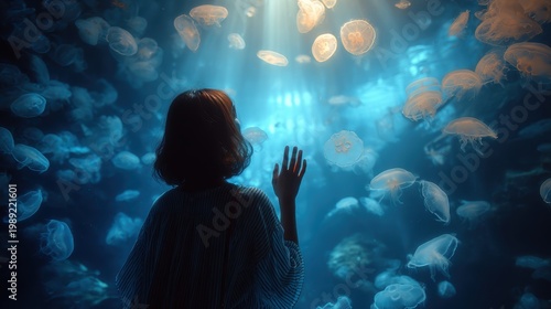 Asian young woman enjoy learning sea life in fish tank at Underwater Zoo Aquarium,Young woman touches a fish in an oceanarium tunnel,visitor in the aquarium looking at the fish through the glass.