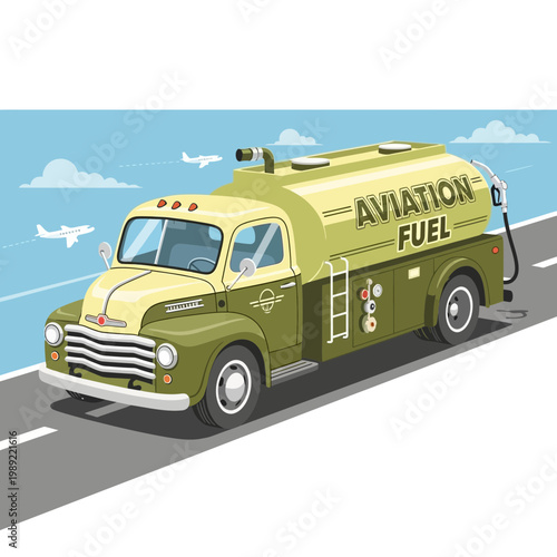 Vintage Aviation Fuel Truck Refueling at Airport