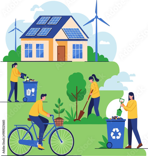 Illustration of people actively participating in eco-friendly activities and sustainable living for a greener planet