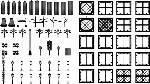 Collection of black and white vector illustrations featuring city elements