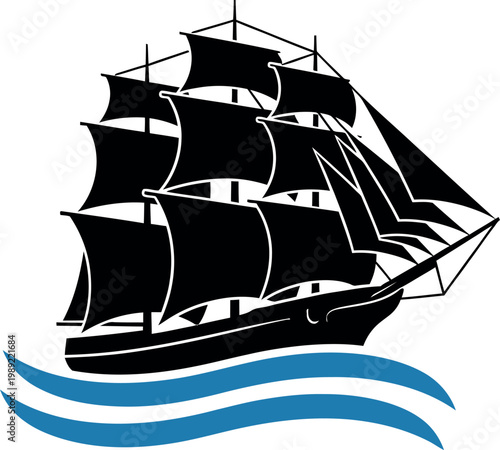 Large sailing ship silhouette illustration with full sails glides over blue stylized.