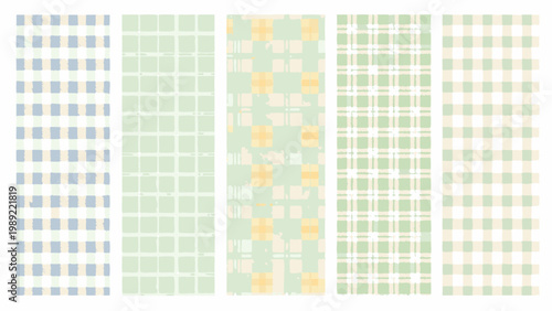 Collection of vertically aligned checkered and striped pastel patterns