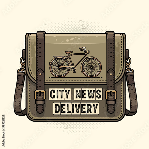 Vintage messenger bag with bicycle and 'City News Delivery' text