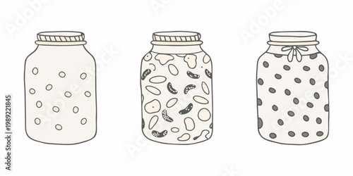 Three illustrated glass jars filled with various patterned contents