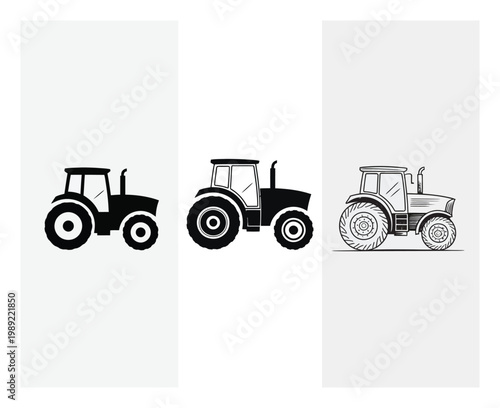 Three Stylized Tractors: Silhouette, Solid Fill, and
