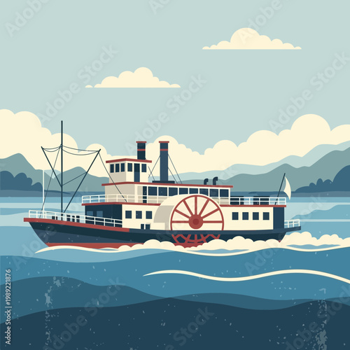 Vintage Paddle Steamboat Sailing on Water with Mountains and Clouds