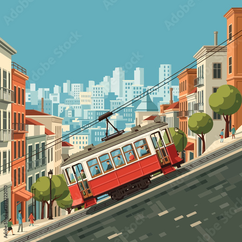 Vintage tram climbing steep San Francisco street with city skyline background