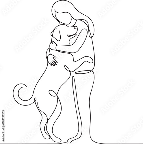 Continuous line drawing of a young woman hugging her dog with love and affection