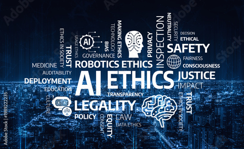 Quadro em tela This visual representation highlights the key concepts surrounding AI ethics, focusing on governance, privacy, safety, and the moral implications of technology in society