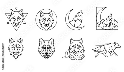 Modern wolf monoline logo vector set with abstract wolf head howling wolf emblem and geometric minimalist designs