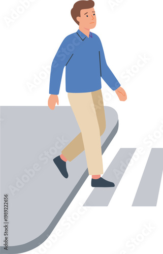 Man walking on a crosswalk wearing blue shirt and khaki pants