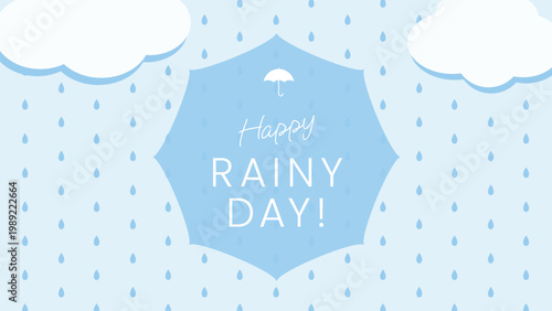 Rainy season background with clouds and raindrops and central copy space, cute blue rainy weather banner design / 雲と雨の梅雨背景 中央コピー スペース付き かわいい青色レイニーシーズンバナー