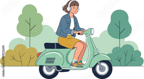 Woman rides scooter through park wearing headphones on sunny day