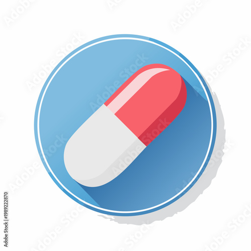 Red and white pill capsule vector icon on blue circle background