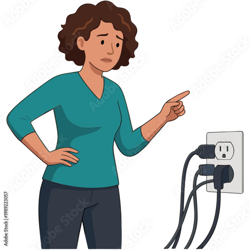 Woman pointing at overloaded electrical outlet with concern