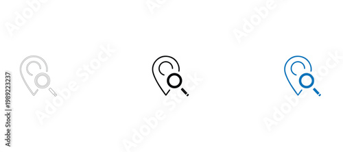 Local SEO and Place Discovery Concept, Set of Minimalist Map Pin Icons with Magnifying Glass for Geographic Search, Destination Finding and Location Tracking in Clean Line Art Style