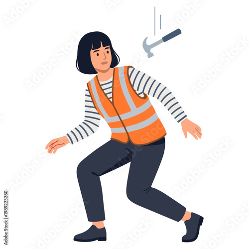 Woman wearing safety vest dodges falling hammer on construction site.