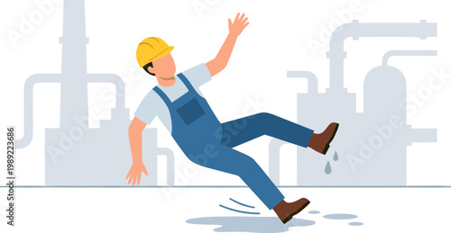 A worker slips and falls on an industrial floor in a factory.