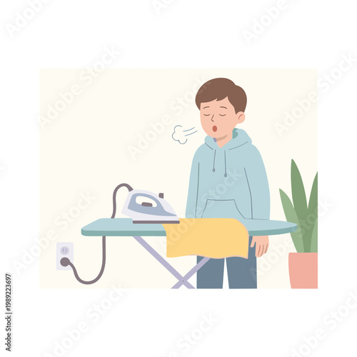 Man ironing clothes with steaming hot iron board at home with potted plant nearby
