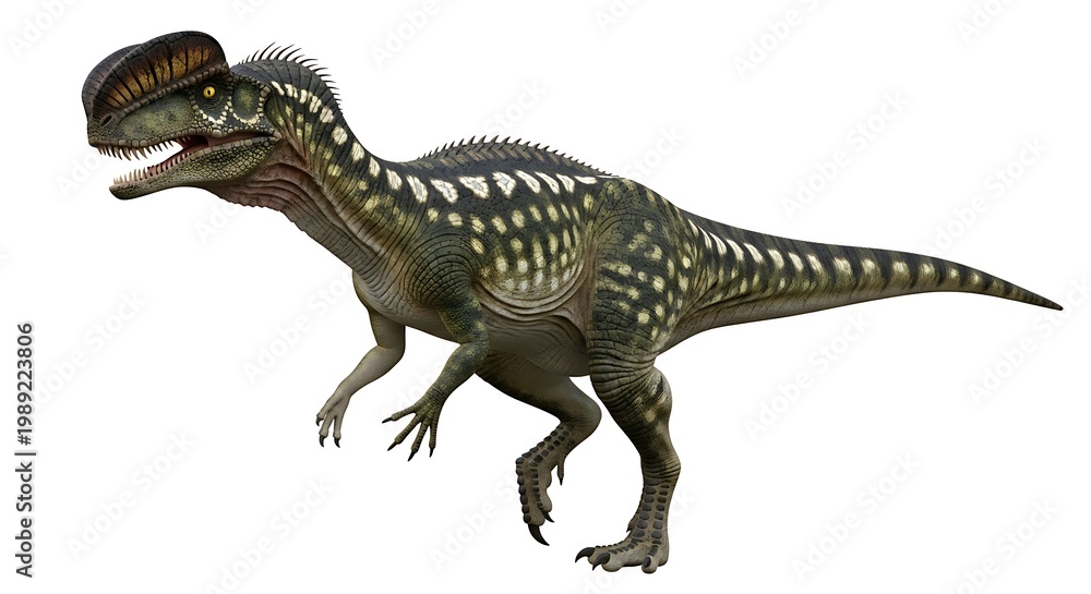 Fototapeta premium Detailed illustration of a bipedal dinosaur with a prominent head crest and spotted skin patterns, depicted against a white background.