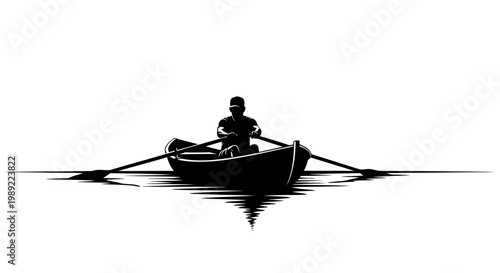 Silhouette of a person rowing a boat on calm water, reflection below
