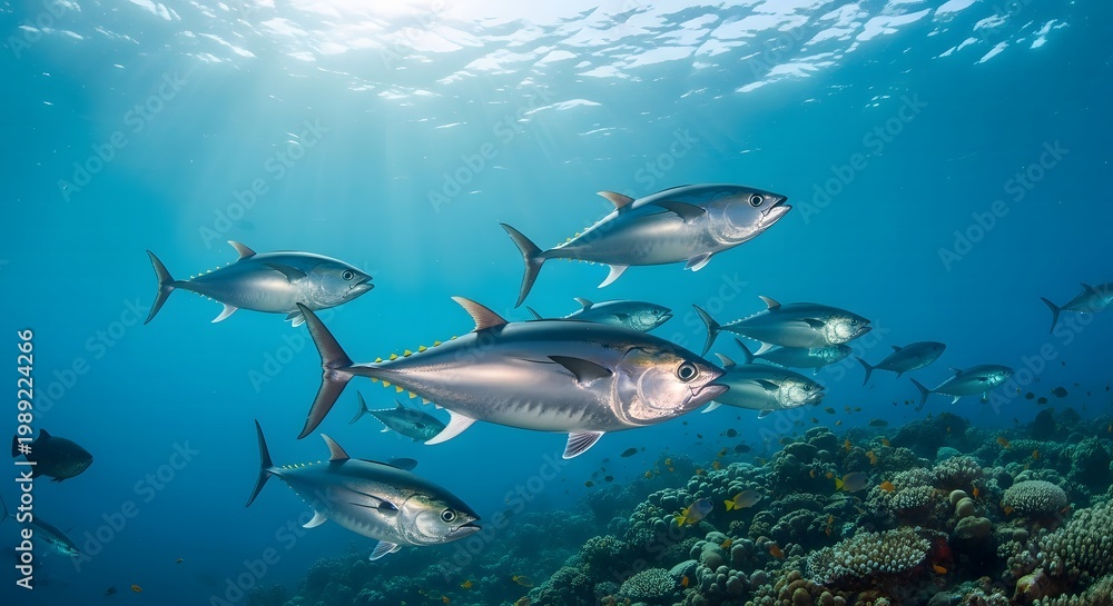 Fototapeta premium Tuna Swimming in Ocean – Marine Ecosystem and Conservation. A stunning underwater view of tuna in its natural habitat, emphasizing marine biodiversity and the importance of ocean conservation.