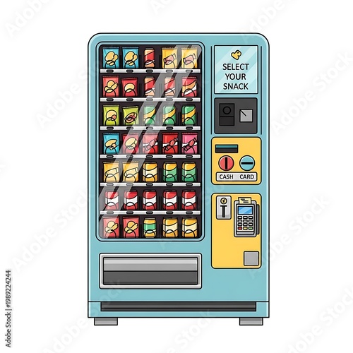 Colorful snack vending machine illustration.