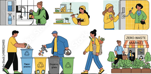 Zero waste lifestyle vector set, eco friendly people recycling and shopping, sustainable living habits collection for environmental awareness