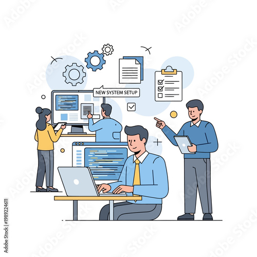 Business IT Team Working on New System Setup Illustration: Software Development and Project Management Concept
