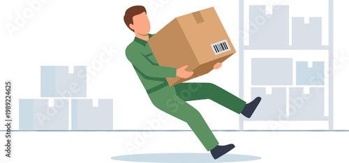 Man lifting a large cardboard box in a warehouse with shelves