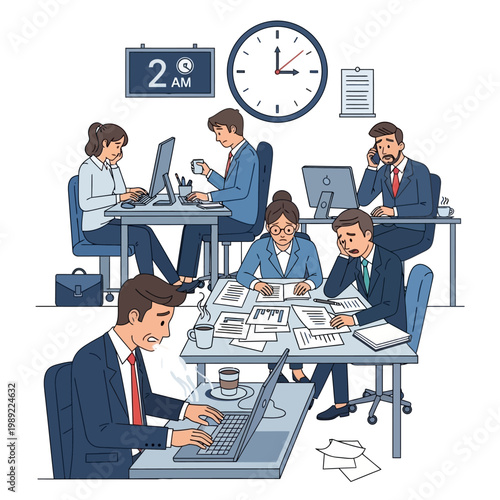 Exhausted Business Team Working Late Overtime at 2 AM, Stress and Burnout Concept Illustration in Flat Style