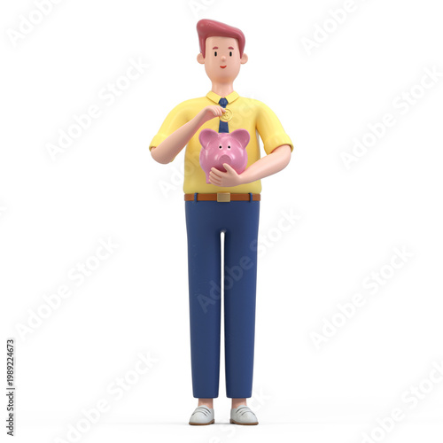 Obraz na plátně Man placing a coin in a piggy bank