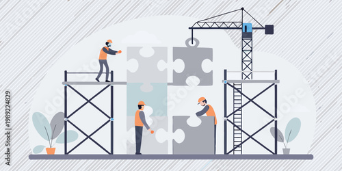 Workers collaborate to build a large puzzle under a crane structure