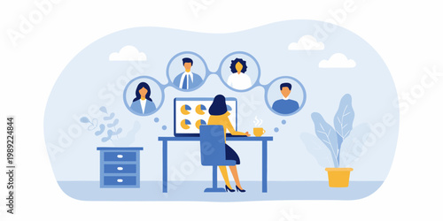 Woman participating in a video conference call while working from home