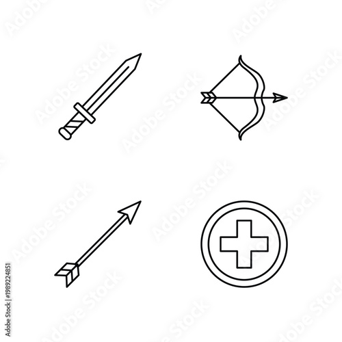 Medieval weaponry and medical icon set line art