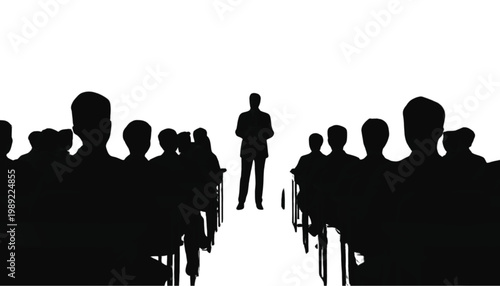 Speaker silhouette stands in front of an audience in a lecture hall to represent a public presentation, educational seminar, or corporate training session with ample copy space for text.