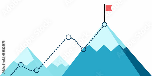 A dotted line path ascends a mountain towards a red flag
