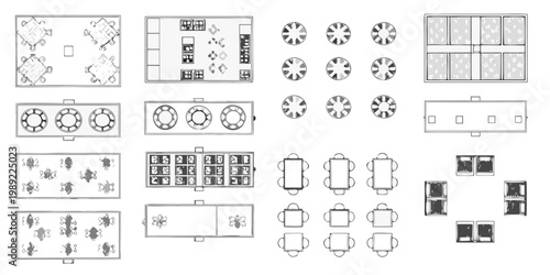 Architectural floor plans displaying various room layouts and furniture arrangements