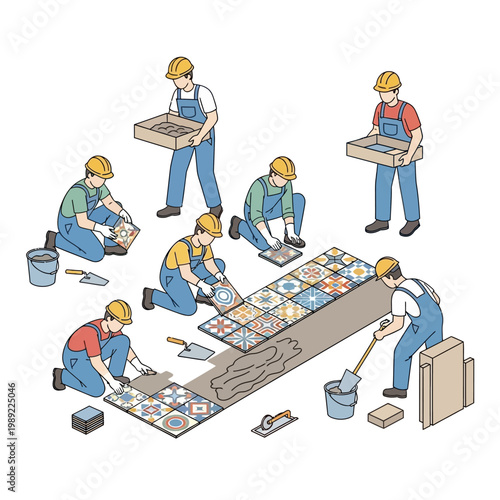 Team of Professional Tilers Installing Decorative Ceramic Pattern Tiles on Floor Illustration. Isometric Construction Workers Renovation Concept.