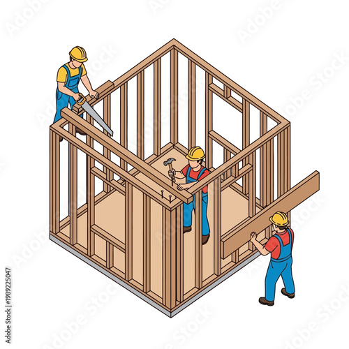 Isometric Wood House Construction Scene with Workers, Carpentry and Building Industry Concept Vector Illustration