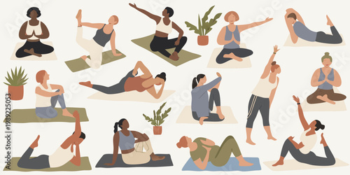 Diverse group of women practicing various yoga poses indoors