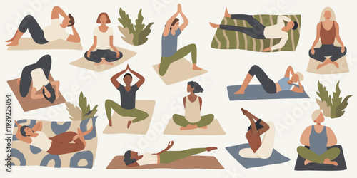 Diverse group of people practicing various yoga poses outdoors