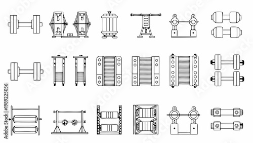 Technical drawings of various mechanical components and structural elements