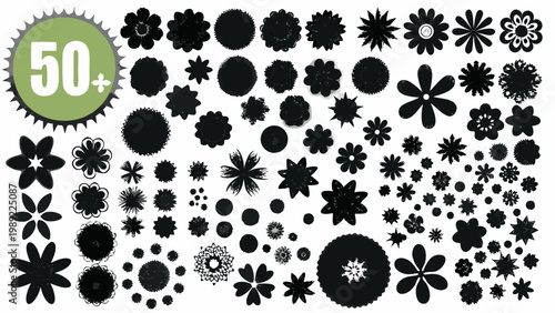 Collection of diverse black floral silhouettes and a green 50 badge