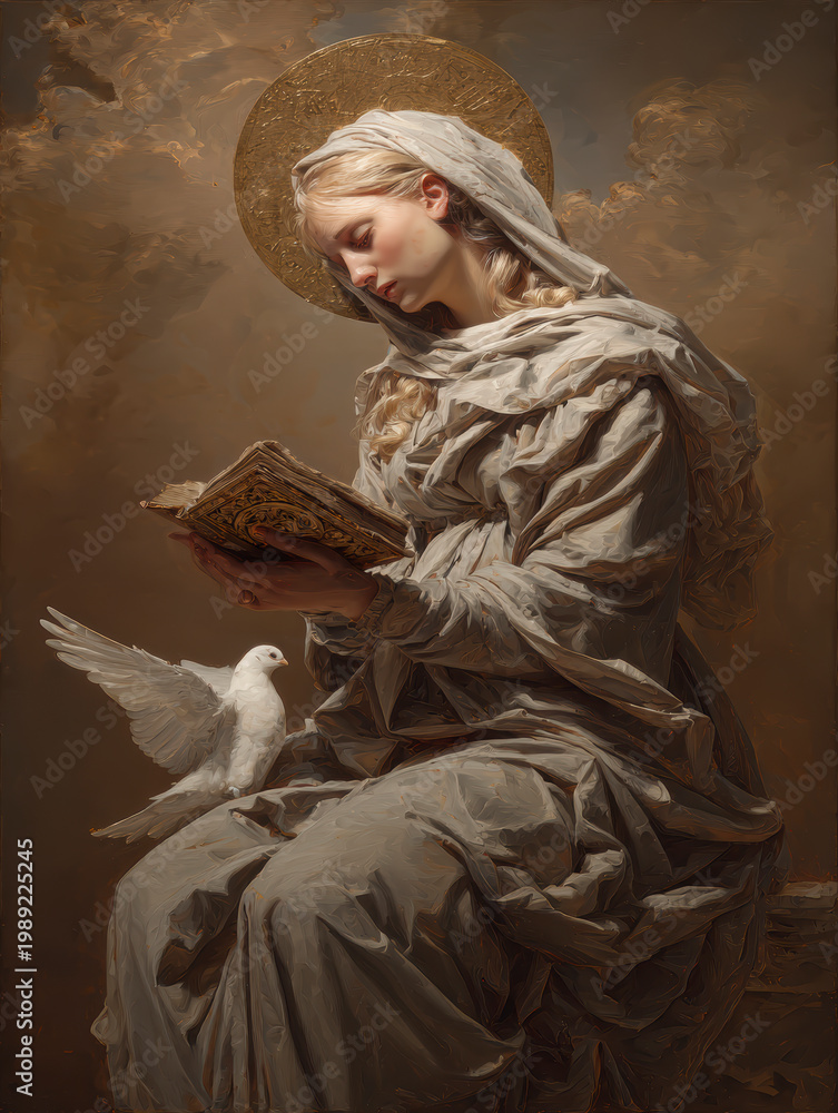 Fototapeta premium Sacred Woman with Dove and Holy Book – AI Generative