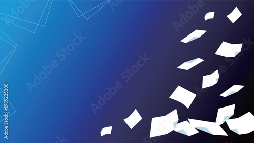 資料書類や紙が舞い落ちるビジネス用クールなブルーのフレーム背景