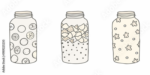 Three decorated glass jars with different patterns hand drawn style